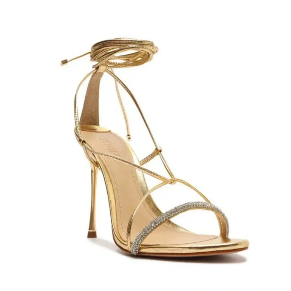 Schutz Gold Adeline CrystalEmbellished Metallic LaceUp Sandals - Picture 1 of 4